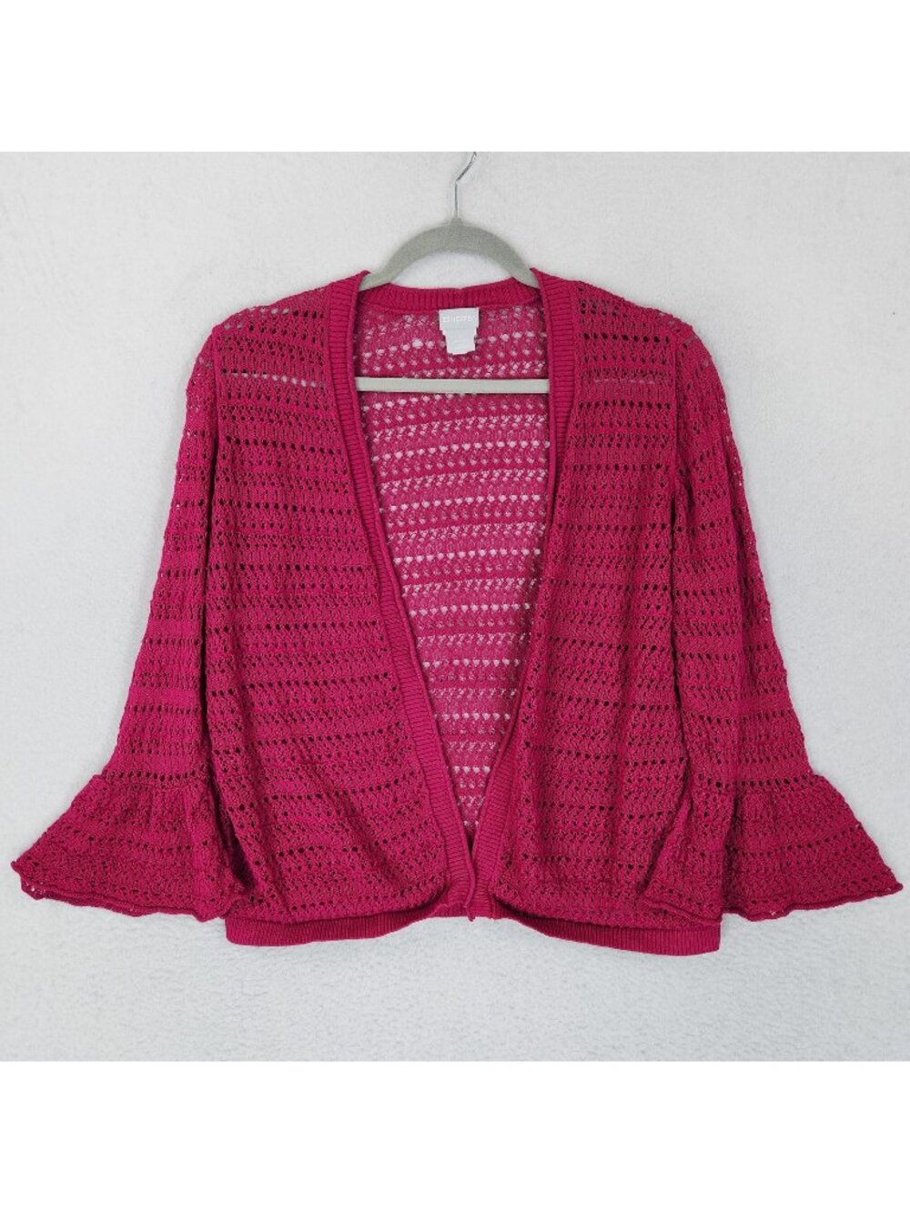 Chicos Sweater Womens Medium Pink Open Knit Bell Sleeve Lightweight Cardigan